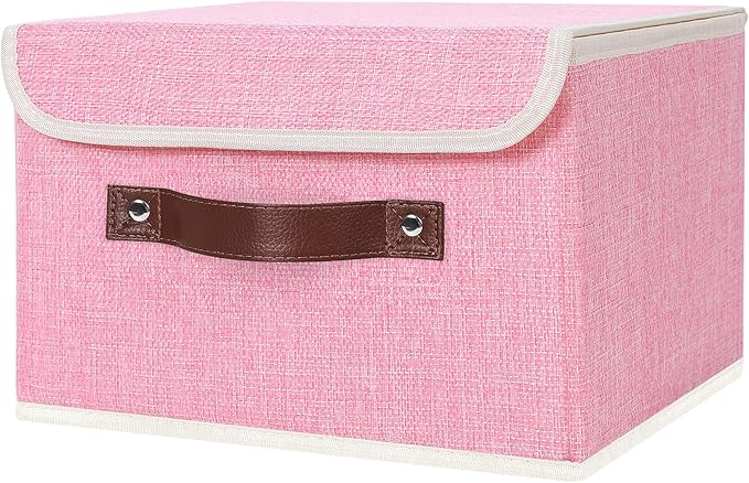 ANMINY Storage Bin with Lid Storage Boxes with PU Leather Handles PP Plastic Board Decorative Foldable Lidded Cotton Linen Fabric Home Cubes Baskets Closet Organizer Container - Pink, Small Size by ANMINY