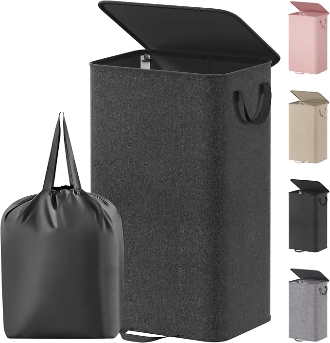 Lifewit Single Laundry Hamper with Lid and Removable Laundry Bags, Large Collapsible 1 Dividers Dirty Clothes Basket with Handles for Bedroom Laundry Room Closet Bathroom College, 100L Black by Lifewit