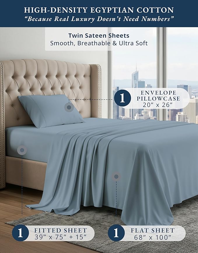 LANE LINEN Luxury Hotel Style 100% Egyptian Cotton Twin Sheets, Mercerized Cotton, Sily Finish, No Pill Fade Resistant Sustainably Produced Twin Bedding Sheets & Pillowcases - French Blue