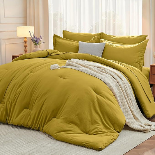 MUXHOMO 7 Pieces King Comforter Set, Soft Bed in a Bag King Size, All Season Bedding Set with Comforter, Flat Sheet, Fitted Sheet, Pillowcases & Shams, Mustard Yellow