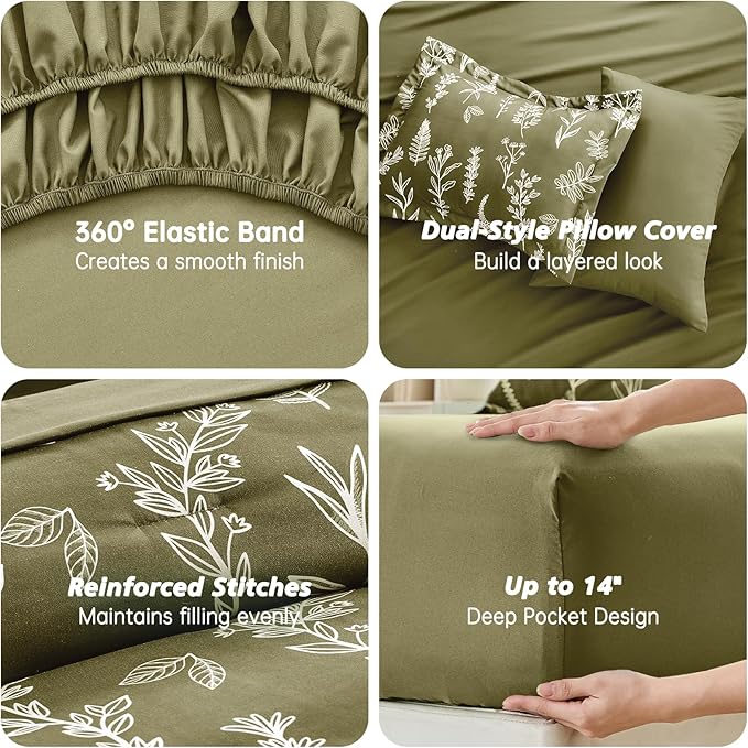 MUXHOMO Olive Green King Comforter Set, Elegant Floral Print Bed in a Bag 7 Pieces, Ultra Soft & Breathable Reversible Botanical Pattern Bedding Set with Comforter, Sheets, Pillowcases, and Shams