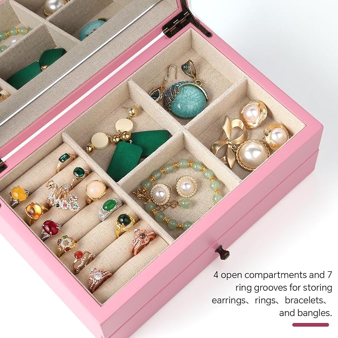 Meangood Jewelry Box Organizer for Women, 2 Layer Large Jewelry Storage Case, Rustic Wooden Jewelry Box with Mirror & Ring Tray for Necklace Earring Bracelets Rings, Vintage Style (Pink) - Image 5