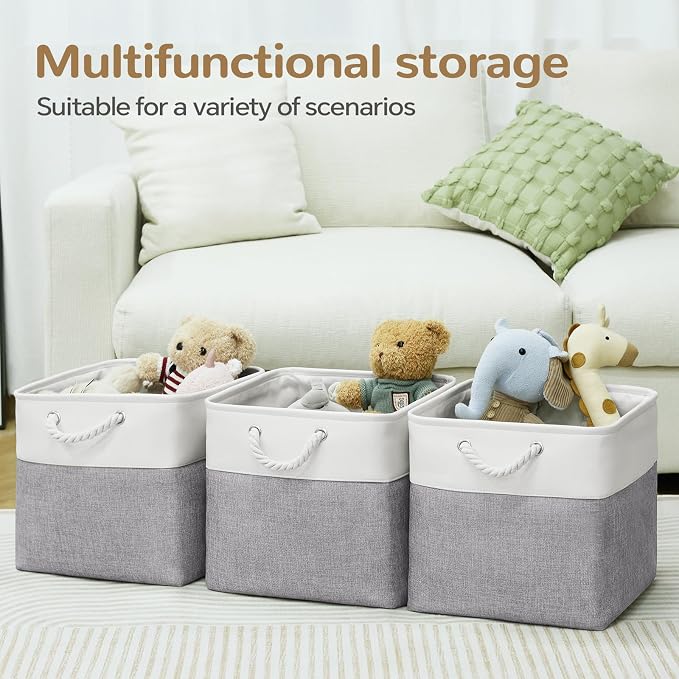 12 x 12 Inch Cube Storage Bins, 4 Pack Fabric Storage Basket with Handles, Foldable Boxes Organizer for Shelf Baskets for Home, Clothes (White/Grey) - Image 5