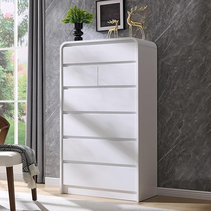 Aitjunz Modern 7 Drawers Dresser for Bedroom, 55" Tall Dressers & Chest of Drawers w/Curved Profile Design, Wood Mid Century Vertical Storage Dressers Organizer for Bedroom, Living Room, White