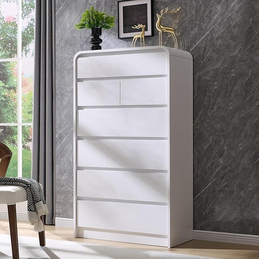Aitjunz Modern 7 Drawers Dresser for Bedroom, 55" Tall Dressers & Chest of Drawers w/Curved Profile Design, Wood Mid Century Vertical Storage Dressers Organizer for Bedroom, Living Room, White