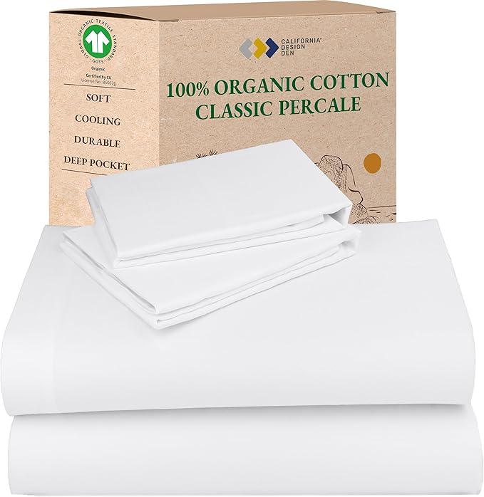 California Design Den Full Sheet Set - Soft 100% Organic Cotton Sheets with Deep Pockets, Crisp Percale, Breathable and Durable Bedding Set - White