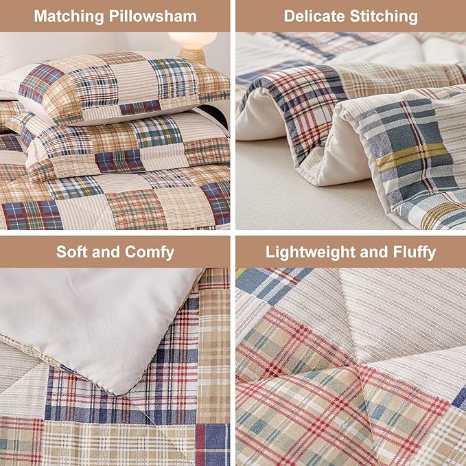Comforter Set Queen Size Plaid Patchwork Comforter Bedding-7 Piece Bed in a Bag,Soft Fluffy Reversible Microfiber Bedding Set(1 Comforter,1 Flat Sheet,1 Fitted Sheet,2 Pillowcases,2 Pillow Shams)Beige