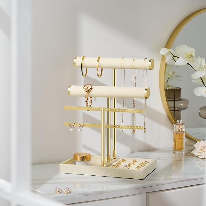 bussdis 3 Tier Bracelet Holder Display - Detachable T Bar Beige Velvet Bracelet Holder, Jewelry Holder Organizer for Bracelet, Necklace, Earrings, Rings - Image 4