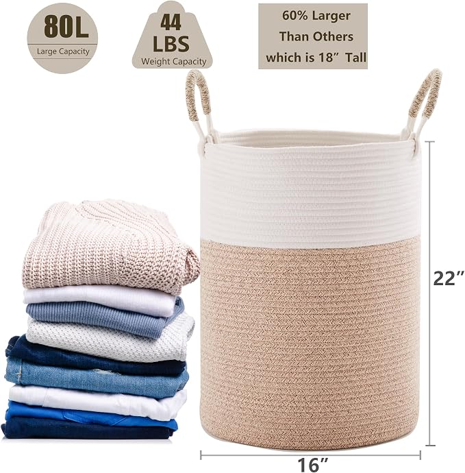 80L Extra Large Laundry Hamper Basket Tall Woven Rope Clothes Hamper Blanket Basket for Living Room Bathroom Bedroom Brown 16"L x 16"W x 22"H - Image 3