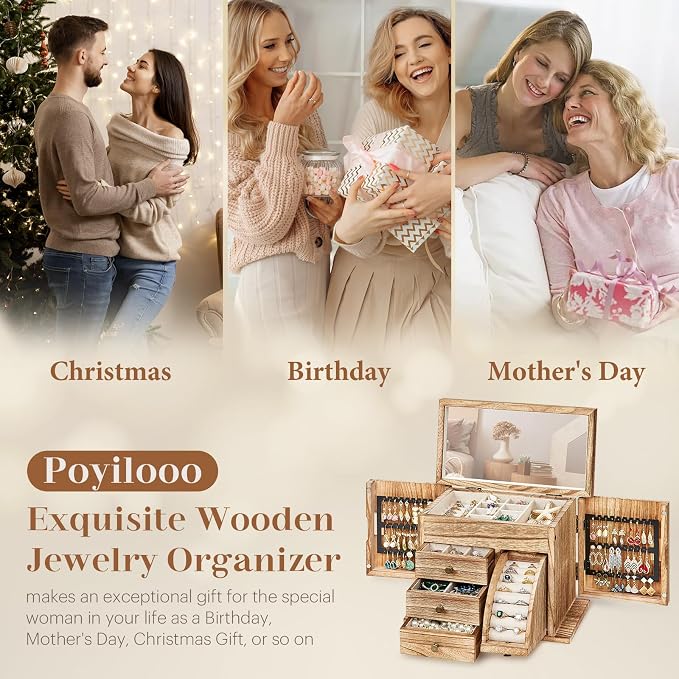 Poyilooo Jewelry Box Organizer, Solid Wood Jewelry Boxes fow Women with Mirror, Double Layer Jewelry Organizer Box Display Earring Necklace Bracelet Ring, Rustic Style Small Jewelry Box for Girls - Image 7
