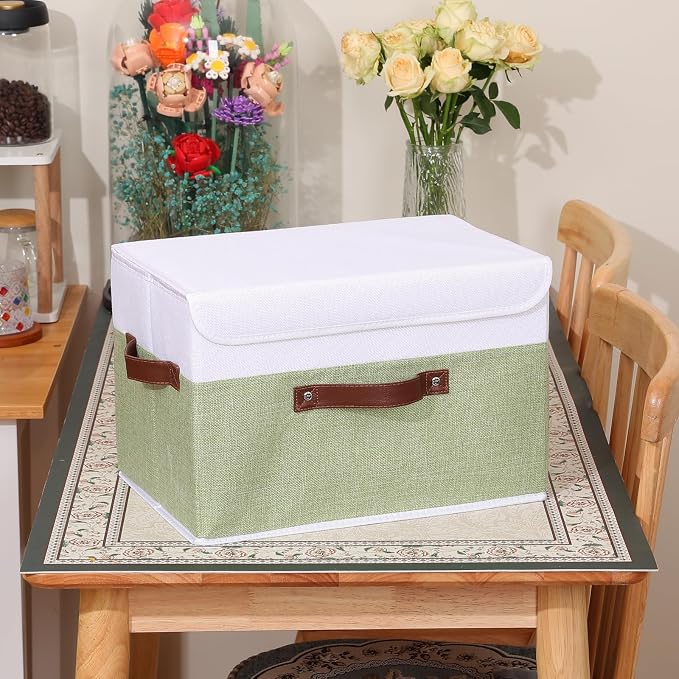 ANMINY Storage Boxes with Lids Washable Decorative Storage Bins Basket with PU Leather Handle Foldable Linen Fabric Storage Cubes Containers for Home Closet Organizer - Green White, Large Size - Image 8