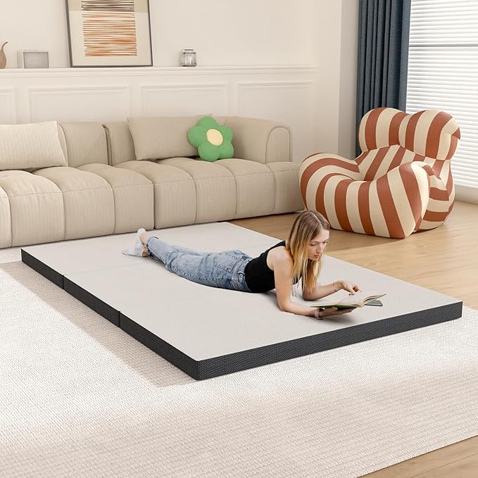 3 inch Folding Mattress Tri Fold Memory Foam Mattress Topper Portable Foldable Mattress Topper with Washable Cover Non-Slip Bottom for Camping, Guest, Floor RV, CertiPUR-US Certified, Full