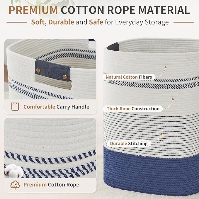 AINUOQI Large Laundry Basket - Tall Woven Rope Laundry Hamper with Leather Handles - Dirty Clothes hamper for Living room, Bedroom, 17" X 13.8" X 22", Dark Blue & White - Image 4