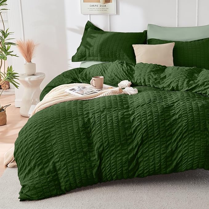 HYMOKEGE Dark Green/Sage Green King Size Comforter Set Seersucker 7 Pieces, All Season Luxury Bed in a Bag for Bedroom, Bedding Set with Comforter, Sheets, Pillowcases & Shams