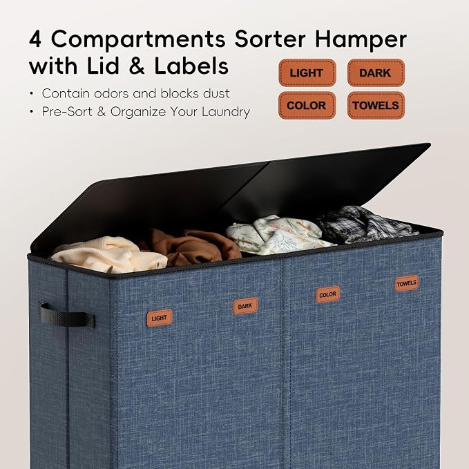 Laundry Hamper 4-Section with Lid, 185L Laundry Sorter with 4 Removable Bags + 1 Extra Large Bag, Switchable 3/4 Compartment, Laundry Basket Organizer for Bedroom, Laundry Room，Navy Bule - Image 4