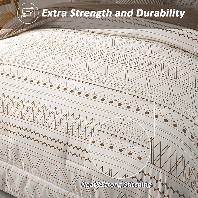 WONGS BEDDING 7 Pieces Brown Comforter Set King Size,Boho Bed in a Bag Geometric Stripe Comforter Reversible Soft Microfiber Bedding Set with Pillowcases & Shams,Flat Sheet,Fitted Sheet