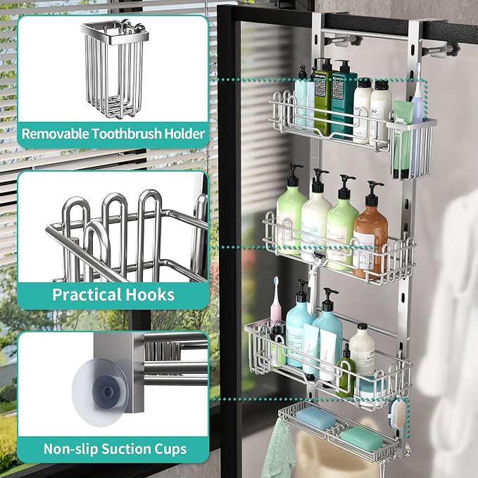 HapiRm Hanging Shower Caddy Organizer - Shower Shelf with 22 Hooks and 2 Toothbrush Holders, No Drilling Adjustable Hanging Bathroom Organizer - Silver - Image 3