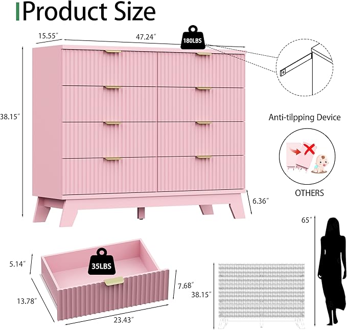Xixini Fluted Dresser for Bedroom with 8 Drawers, 48" Wide Modern Chest of Drawers with Metal Handle, Wooden Dresser TV Stand, Wood Closet Clothes Storage Organizer for Living Room, Hallway, Pink