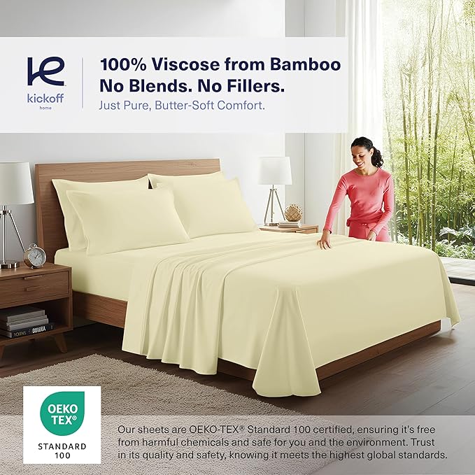 Kickoff Viscose Bamboo Sheets King Size 4-pc 100% Organic Bamboo Viscose Bed Cooling Sheets King Size Set Cool Bedding for hot Sleepers Sheet, Flat, Fitted, Pillowcases (Cream, K)