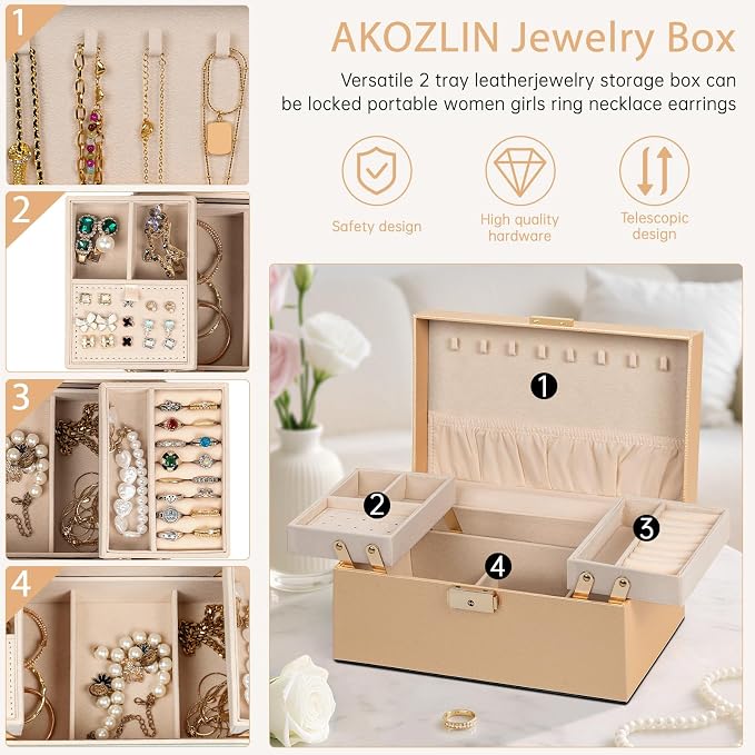 AKOZLIN Travel Jewelry Box Organizer Functional 2-trays Leather Jewelry Storage Case with Lockable Portable for Women Girls Ring Necklace Earring Bracelet Champagne - Image 2