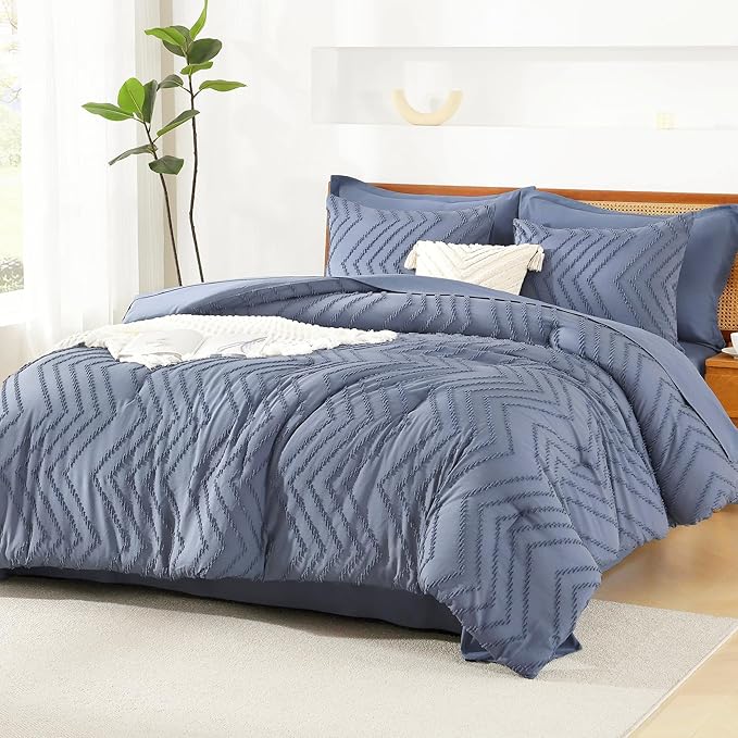 Litanika Full Size Comforter Set with Sheets Bluish Grey - 7 Pieces Bed in a Bag Full Chevron Tufted Complete Bedding Sets with Comforter, Sheets, Pillowcases & Shams