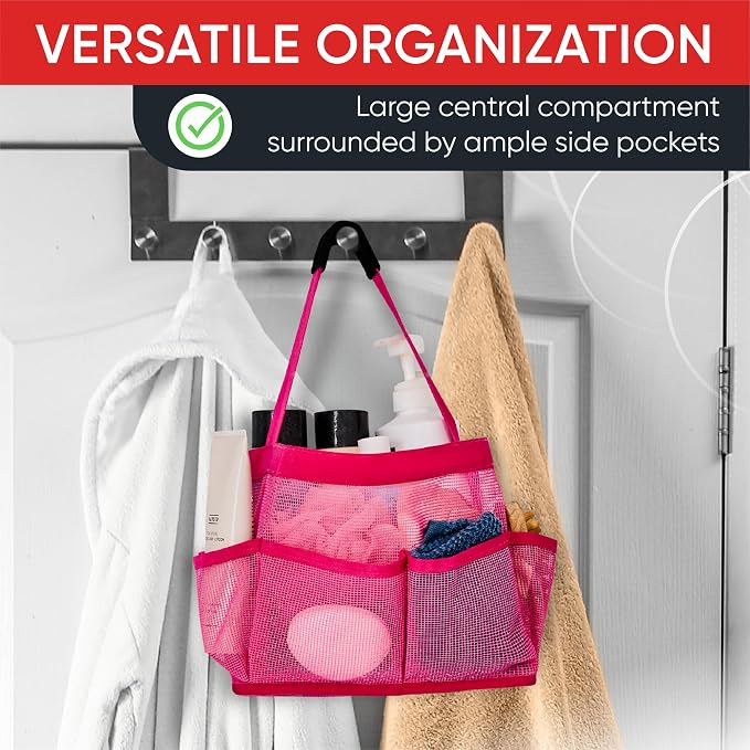 Masirs Shower Caddy Mesh - 9 Pocket Portable Bathroom Organizer Tote for Travel, Gym & Dorm - Collapsible Small Shower Caddy Bag to Hold Toiletries & Essentials (Pink) - Image 6