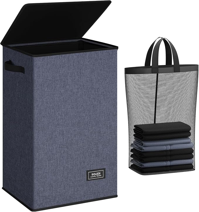 SOLEDI Laundry Hamper with Lid 90L Large & Tall Collapsible Laundry Basket, Clothes Hamper with Bag Removable Easy to Carry, Dirty Hampers for Bedroom, Bathroom, Dorm, College, Navy Blue by SOLEDI