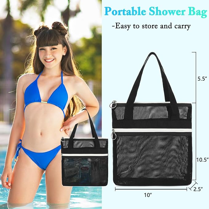 Fammart Mesh Shower Caddy Portable with Zipper & 2 Pockets - Quick Dry Shower Bag Toiletry Tote Hanging for Travel Gym Camp Beach - Organizer Bag Bathroom Essentials for College Dorm - Image 3