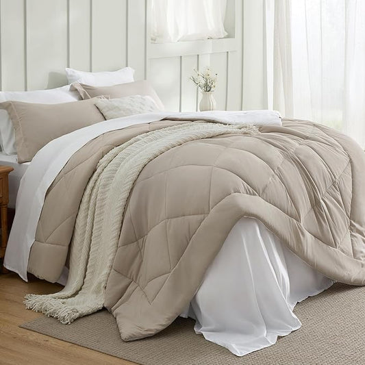 Bedsure Full Size Comforter Set - 7 Pieces Reversible Beige and White Bedding, Full Size Bed Set for All Seasons, Bed in a Bag with Down Alternative Comforter, Sheets, Pillowcases & Shams
