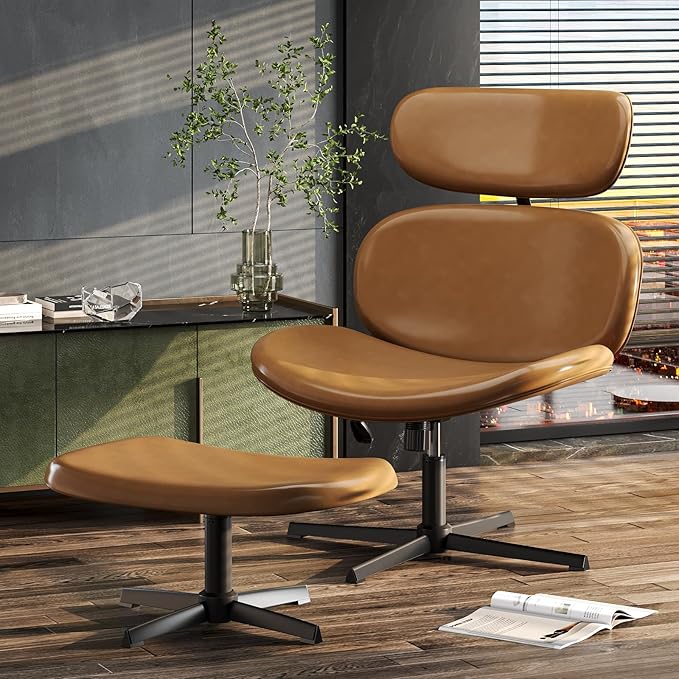 Bestier Swivel Modern Chair with Ottoman No Wheels, PU Criss Cross Reading Chair with Extended Headrest & Adjustable Seat, Modern Armless Ergonomic Chair for Living Room, Brown
