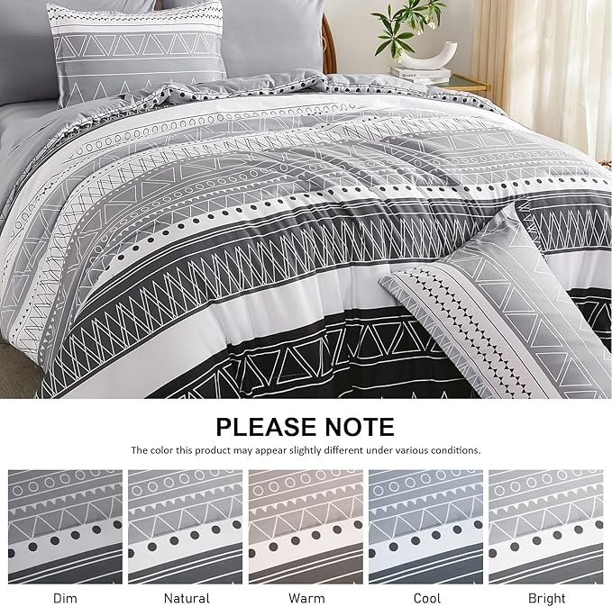 WONGS BEDDING Queen Comforter Set 7 Pieces, Boho Grey White Geometric Striped Comforter for Queen Bed in a Bag, Soft Microfiber Bedding Set with Pillowcases, Flat Sheet, Fitted Sheet, Pillow Shams