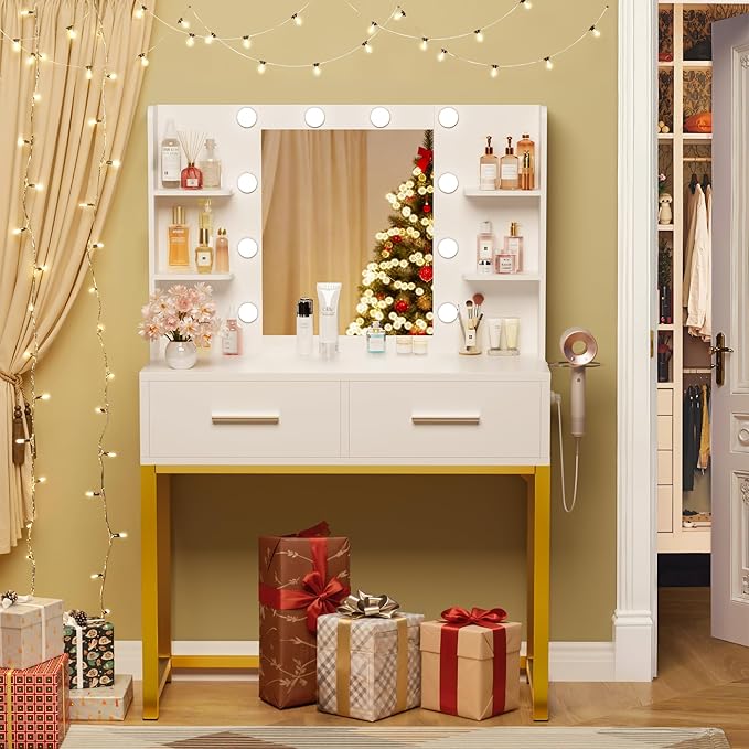YESHOMY Vanity Desk with Mirror, Makeup Table with 2 Large Drawers, Power Outlet and Round Holder, 3 Color Modes Adjustable Bulb, Pure White & Golden