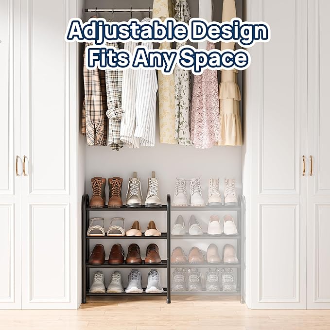 ENJOYBASICS 4 Tier Expandable Shoe Rack for Closet, Free Standing Metal Shoe Shelf Storage Organizer Holder 16 Pairs, Adjustable Width Shoe Rack for Entryway Small Space, Black - Image 5