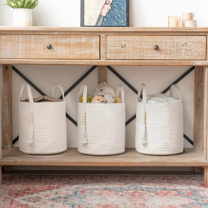 Mkono Woven Storage Basket with Handles Decorative Cotton Rope Basket Wooden Bead Decoration for Blankets,Toys,Clothes,Living Room Home Decor, 11", White - Image 2