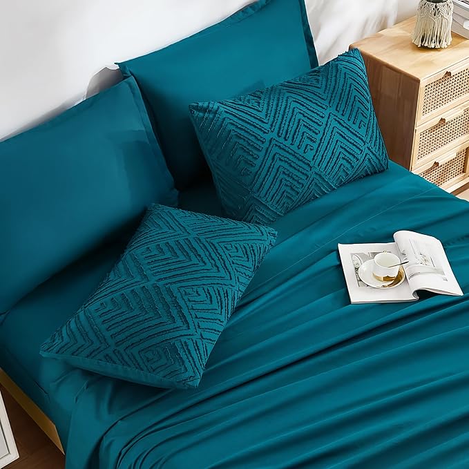 Andency Queen Comforter Set 7 Piece Teal - Bed in a Bag Queen Boho Lightweight Fluffy Tufted Bedding Sets with Comforter, Sheets, Pillowcases & Shams