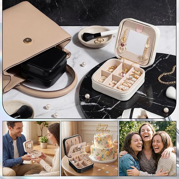 Nosiny 2 Pack Travel Jewelry Case with Mirror Small Laser Jewelry Box Organizer Gifts for Mother's Day Women Rings Earrings(White and Black) - Image 6
