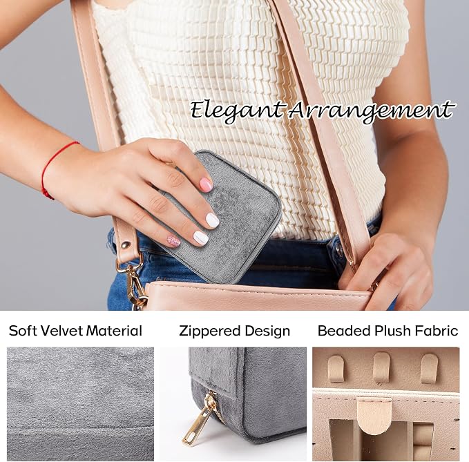 Velvet Travel Jewelry Box for Women - Small Portable Organizer, Storage Case for Rings, Earrings and Girls Necklaces, Ideal Gift for Travel (Gray) - Image 4