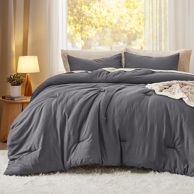 Bedsure Oversized Queen Comforter Set, Dark Grey Soft Prewashed Bedding for All Seasons, 3 Pieces GentleSoft™ Bed Set, 1 Lightweight Comforter (98"x98") and 2 Pillowcases (20"x26")