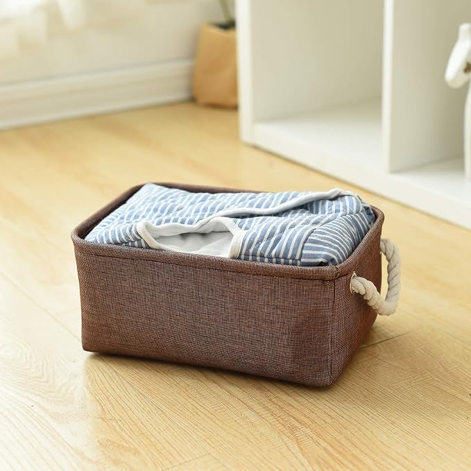 TheWarmHome Small Fabric Canvas Storage Bin with Cotton Rope Handles - Foldable Empty Basket for Gift (Brown-1 Pack,11.8L7.9W5.2H inch) - Image 8
