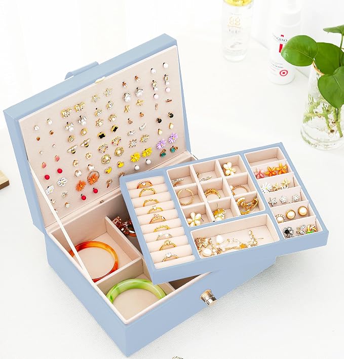 QBestry Girls Jewelry Box Earring Holder Organizer for Girls Jewelry Organizer Box Stud Earrings Organizer for Girls Womens Blue Jewelry Box for Earrings and Necklaces Rings Stud Earrings Box for Teen - Image 9