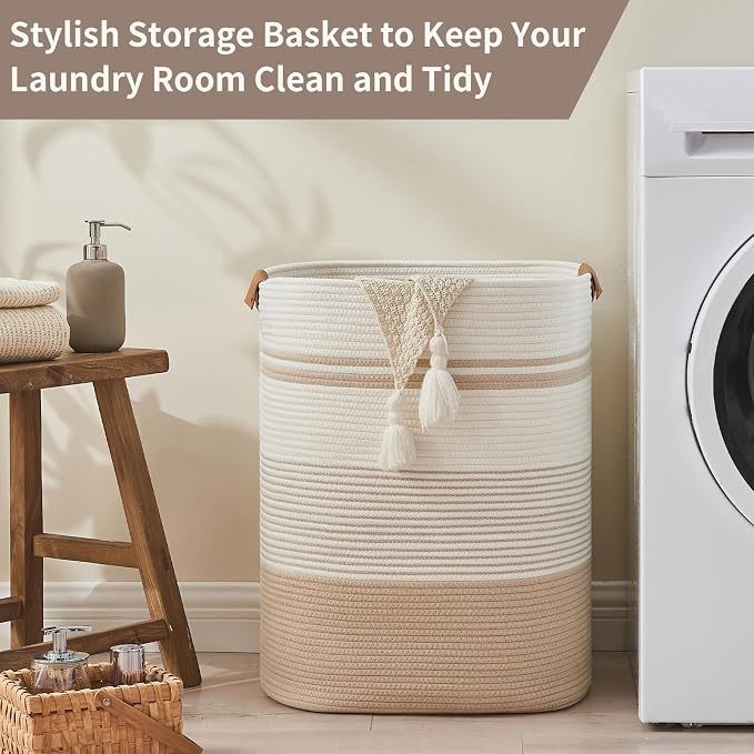 AINUOQI Laundry Basket with Handles - Blanket Basket & Hampers for Bedroom Aesthetic, Laundry Hamper & Blanket Storage for Living Room, Clothes Hamper, Tall, Large 17" x 14" x 22”, Off-white - Image 5