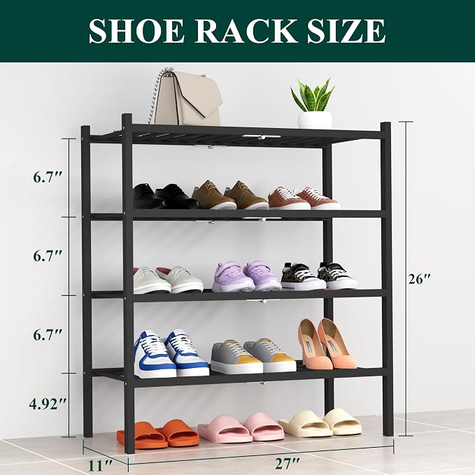 Smiry Shoe Rack, 4 Tier Thick Bamboo Shoe Organizer, Stackable Free Standing Wooden Shoe Storage Shelf for Closet, Entryway, Front Door Entrance, Black - Image 2