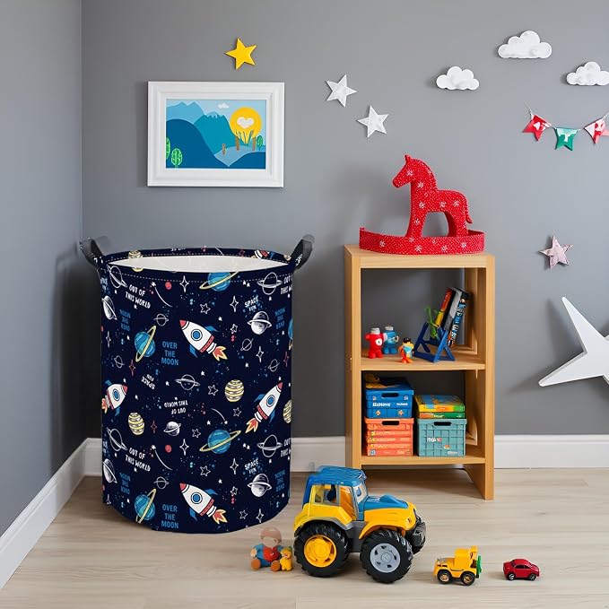 HIYAGON Kids Laundry Basket Baby Hamper for Nursery Boys Kids Hamper Cute Kids Toys Storage Bin Organizer Butterfly Room Decor for Home(Rocket Planet) - Image 3