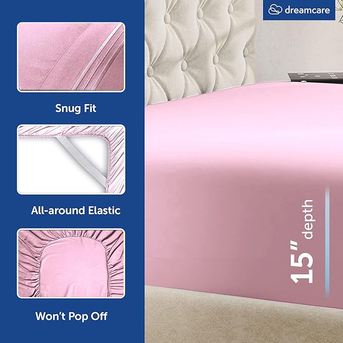 DREAMCARE Queen Sheet Set - 6 pcs Breathable Cooling Bed Sheets - up to 15" Deep Pocket Queen Sheets Set with Side Pockets - Extra Soft 100% Brushed Hypoallergenic Hotel Luxury Bedding - Pink