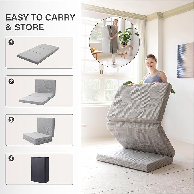 MLILY Tri-Fold Memory Foam Mattress Topper, 4 inch Queen Folding Mattress with Collapsible and Washable Cover, Travel and Guest Mat, 80"×60"×4", Grey
