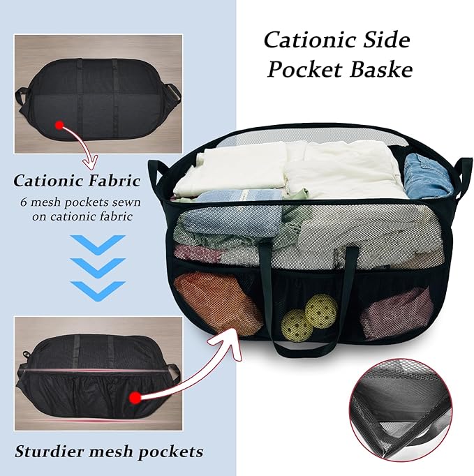 Upgraded Cationic XL Collapsible Laundry Baskets, 100L Extra Large Mesh Pop Up Hamper with Handles and bag, Portable Stair Basket, Dirty Clothes Hamper for Cruise Travel Bedroom. Black - Image 3