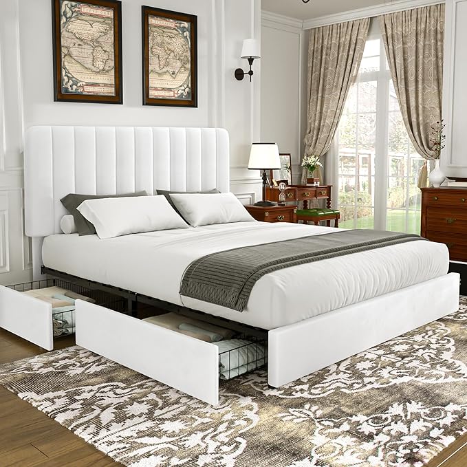 VECELO Queen Size Upholstered Bed Frame with 4 Drawers and Headboard, Velvet Platform Storage Bedframe, Wooden Slats Support, No Box Spring Needed,Snow-White