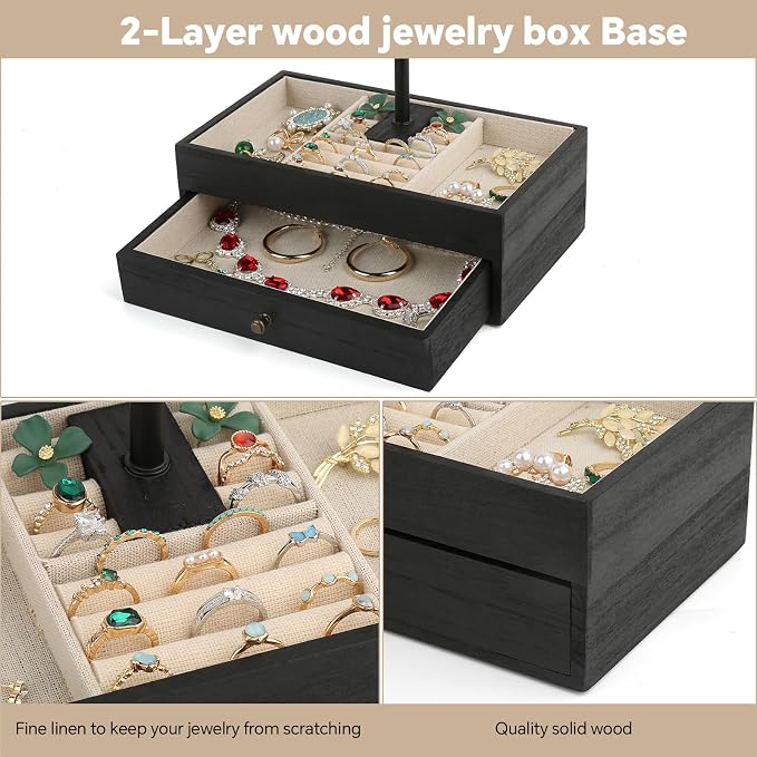 Meangood Jewelry Organizer Stand, 3-Tier Necklace Holder Jewelry Tree with Wooden Storage Drawer Box for Necklace Bracelet Earring Ring,Black - Image 5
