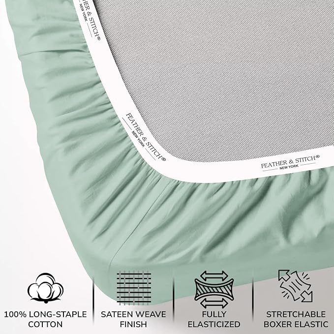 Feather & Stitch 500 TC Full Size 4pc Damask Bed Sheet Set, 100% Soft Cotton Breathable Bedsheets, 18" Deep Pockets Sateen Weave Striped Bedding Mattress Resort Hotel Luxury Decor - (Soft Sage)