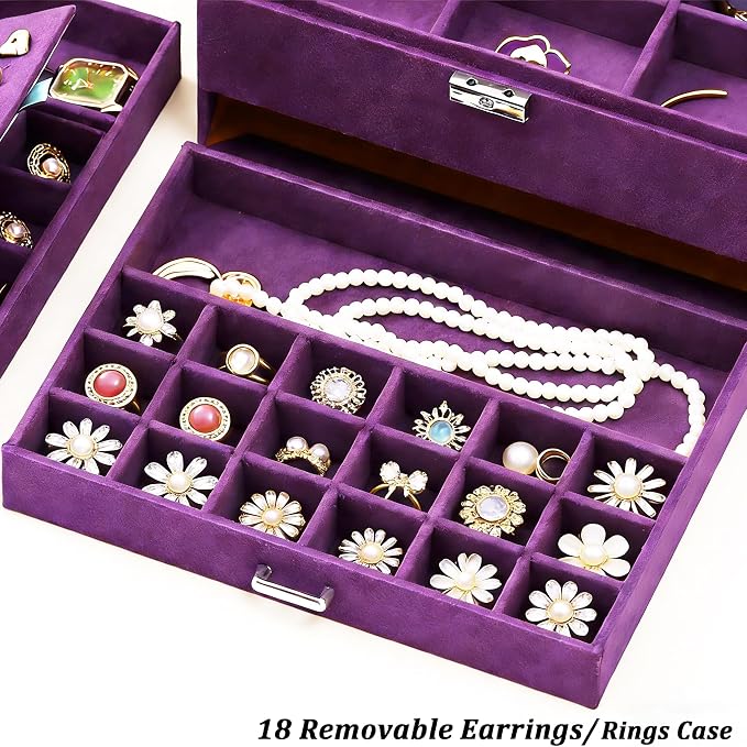 QBestry 3-Layer Jewelry Box for Women with Lock and Key & Drawer, Large Jewelry Organizer with 8 Necklace Hooks & 56 Earring Holes, Purple Velvet Jewelry Storage Box for Necklace Earring Ring Bracelet - Image 6